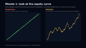 A suspiciously smooth equity curve next to a realistic uneven one